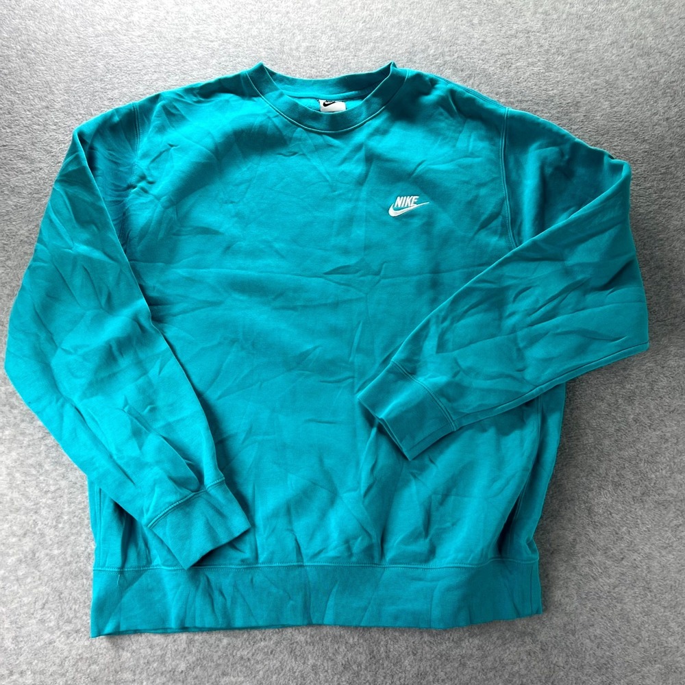 Nike Club Crew Sweatshirt Mens XL Teal Fleece Lined Long Sleeve Logo Pullover
